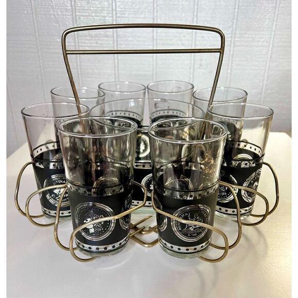 Vtg Hazel Atlas Coins Of the World 8 Glasses, Ice Bucket Black Gold & Caddy MCM - Picture 5 of 16
